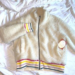 Ivory Ella White Sherpa Jacket, Multi Color Hem & Cuffs, New